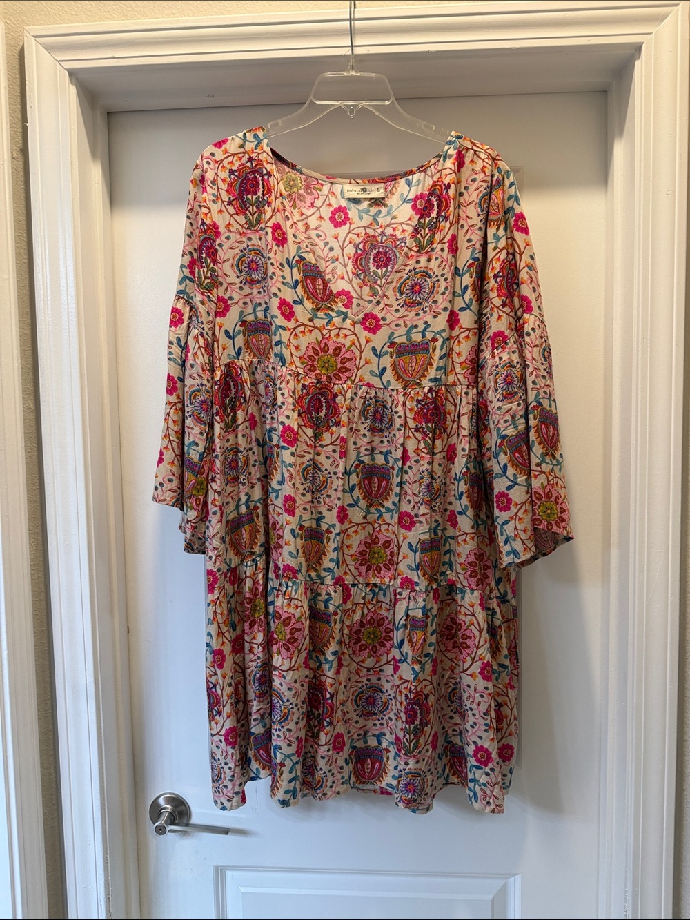 NATURAL LIFE Cream Floral Boho Tiered Tunic with Pink and Teal Accents